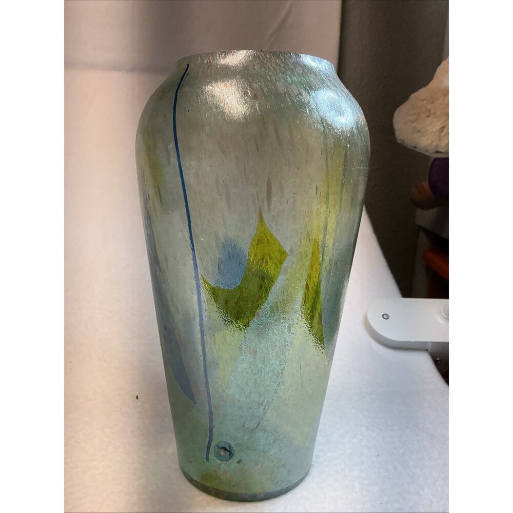 Mod Art Dichroic Glass Vase 10.5"H by CHROMA Collection Blue Yellow Seeded 12